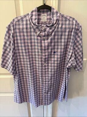 Brooks Brothers Lavender and Navy Plaid Short-Sleeve Button-Down Shirt